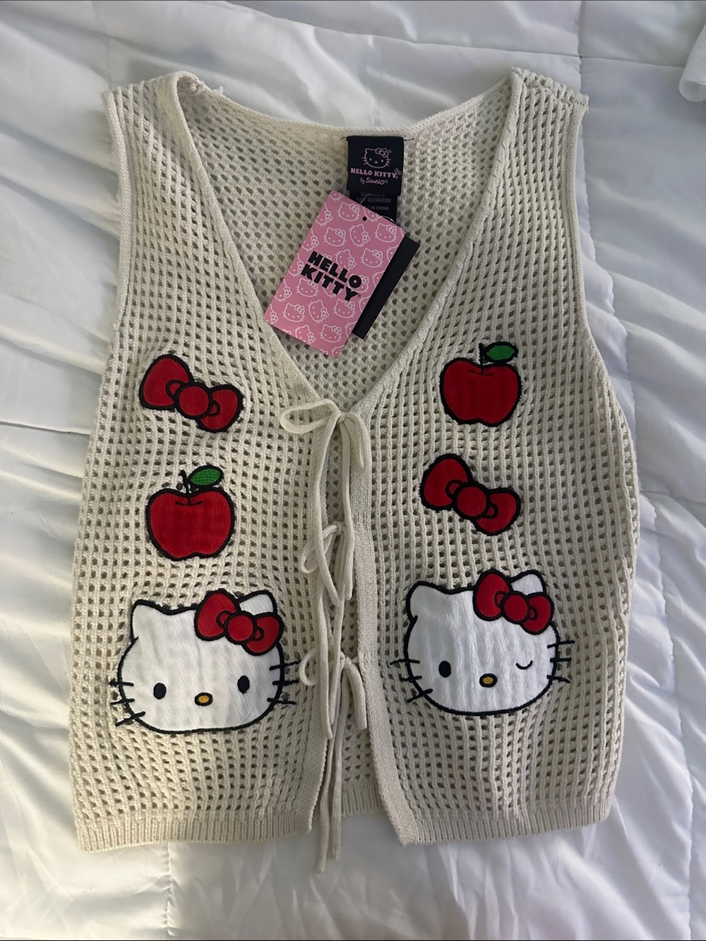 Hot Topic Cream Crochet Hello Kitty Vest with Red Appliqués
